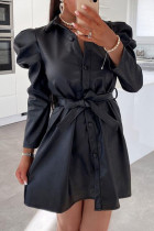 Black Fashion Casual Solid Split Joint Buckle Turndown Collar A Line Dresses