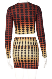 Colour Sexy Print Patchwork O Neck Long Sleeve Two Pieces