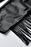 Black PU OL Patchwork Solid tassel Zippered Stitching Zipper Tassel Plus Size