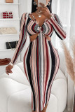 Powder Blue Sexy Striped Print Hollowed Out Patchwork V Neck One Step Skirt Dresses