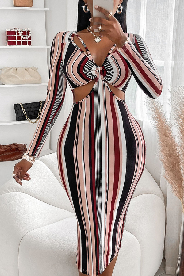 Powder Blue Sexy Striped Print Hollowed Out Patchwork V Neck One Step Skirt Dresses