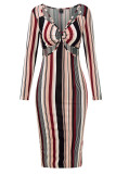 Powder Blue Sexy Striped Print Hollowed Out Patchwork V Neck One Step Skirt Dresses