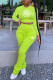 Fluorescent Green Fashion Street Letter Fold O Neck Long Sleeve Two Pieces