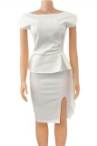 White Fashion Casual Solid Split Joint Slit O Neck Pencil Dress