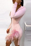 Pink Sexy Solid Patchwork See-through Feathers Asymmetrical O Neck One Step Skirt Dresses
