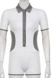 White Sexy Solid Patchwork Turndown Collar Skinny Rompers