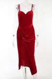 Red Sexy Elegant Solid Patchwork Slit Spaghetti Strap Evening Dress Dresses