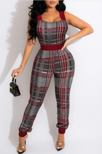 Red Sexy Casual Print Split Joint Backless Square Collar Skinny Jumpsuits