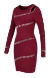 Burgundy Sexy Solid Hollowed Out Split Joint Hot Drill O Neck One Step Skirt Dresses