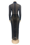 Black Sexy Patchwork Leopard See-through Turtleneck Long Sleeve Dresses
