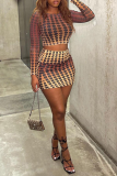 Colour Sexy Print Patchwork O Neck Long Sleeve Two Pieces