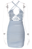 Blue Sexy Solid Patchwork Halter Pencil Skirt Dresses
