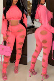 Pink Sexy Solid Hollowed Out Split Joint Hooded Collar Long Sleeve Two Pieces