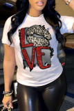 White Fashion Casual Lips Printed Letter O Neck T-Shirts