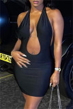 Black Fashion Sexy Solid Bandage Backless Halter Sleeveless Dress