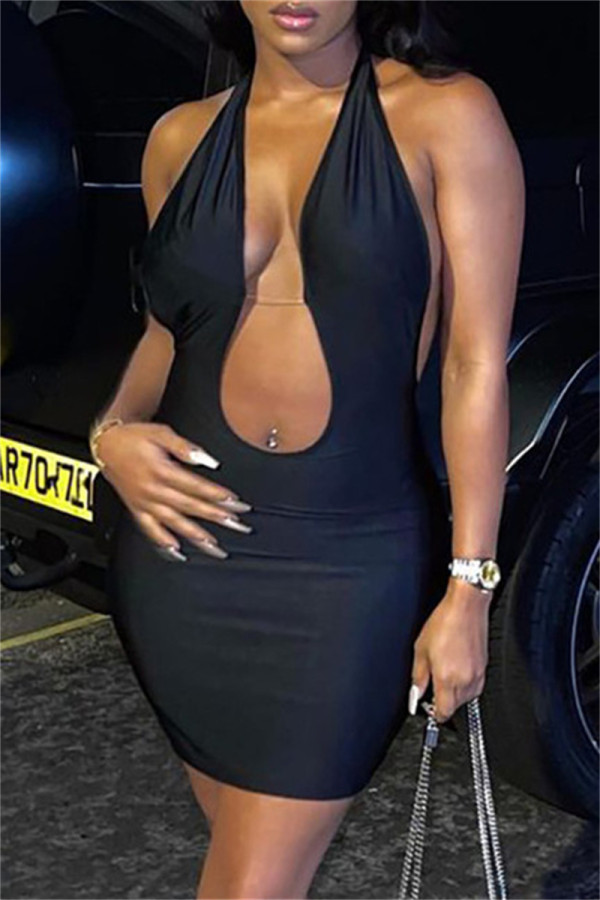 Black Fashion Sexy Solid Bandage Backless Halter Sleeveless Dress