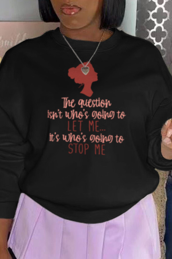 Black Casual Vintage Print Letter O Neck Tops