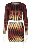 Colour Sexy Print Patchwork O Neck Long Sleeve Two Pieces
