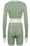 Green Casual Sportswear Solid Patchwork Square Collar Long Sleeve Two Pieces