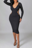 Black Sexy Solid Hollowed Out Split Joint Backless V Neck One Step Skirt Dresses
