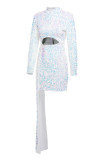 White Sexy Elegant Solid Split Joint Asymmetrical Sequins O Neck Irregular Dress Dresses