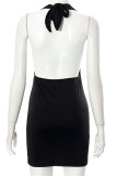Black Fashion Sexy Solid Bandage Backless Halter Sleeveless Dress