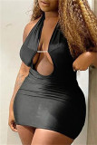 Black Fashion Sexy Solid Bandage Backless Halter Sleeveless Dress