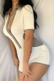 White Sexy Solid Patchwork Turndown Collar Skinny Rompers