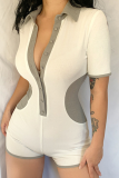 White Sexy Solid Patchwork Turndown Collar Skinny Rompers