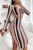 Powder Blue Sexy Striped Print Hollowed Out Patchwork V Neck One Step Skirt Dresses