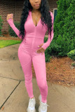 Pink Fashion Casual Adult Solid Patchwork O Neck Skinny Jumpsuits