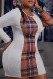White Fashion Casual Print Patchwork O Neck Long Sleeve Dresses