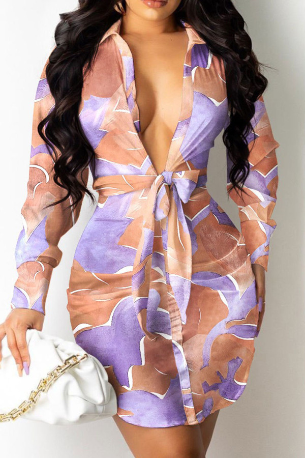 Pink Purple Sexy Solid Bandage Patchwork V Neck Shirt Dress Dresses