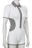 White Sexy Solid Patchwork Turndown Collar Skinny Rompers