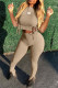 Khaki Fashion Casual Solid Draw String Frenulum O Neck Short Sleeve Two Pieces