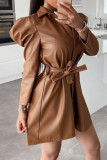 Khaki Fashion Casual Solid Patchwork Buckle Turndown Collar A Line Dresses