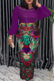 Purple Celebrities Sequins Split Joint Hot Drill O Neck One Step Skirt Plus Size Dresses