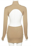 Khaki Fashion Sexy Solid Hollowed Out Backless Turtleneck Long Sleeve Dresses