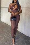 Dark Brown Fashion Sexy Print Hollowed Out Backless One Shoulder Skinny Jumpsuits