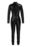 Black Fashion Casual Solid Fold Zipper Collar Skinny Jumpsuits (Without Belt)
