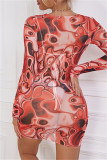 Red Fashion Sexy Print Hollowed Out Draw String O Neck Long Sleeve Dresses