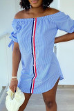 Blue Fashion Casual Striped Print Patchwork Off the Shoulder Sleeveless Dress