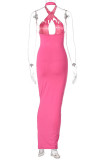 Rose Red Fashion Sexy Solid Bandage Hollowed Out Backless Halter Sleeveless Dress