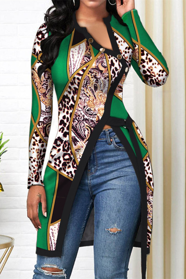 Green Fashion Casual Print Patchwork Slit Oblique Collar Tops