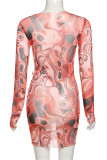 Red Fashion Sexy Print Hollowed Out Draw String O Neck Long Sleeve Dresses