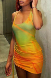 Orange Fashion Sexy Print Draw String Backless Halter Sleeveless Dress