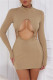 Khaki Fashion Sexy Solid Hollowed Out Backless Turtleneck Long Sleeve Dresses