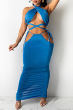 Blue Sexy Solid Hollowed Out Backless Strap Design Halter Sleeveless Two Pieces