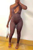 Dark Brown Fashion Sexy Print Hollowed Out Backless One Shoulder Skinny Jumpsuits