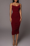 Burgundy Sexy Solid Split Joint Fold Spaghetti Strap Sleeveless Two Pieces